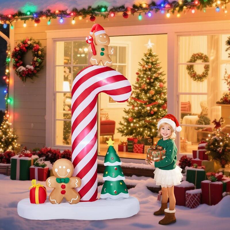 8.2FT Lighted Giant Candy Cane with Gingerbread Men Christmas Inflatable Decoration