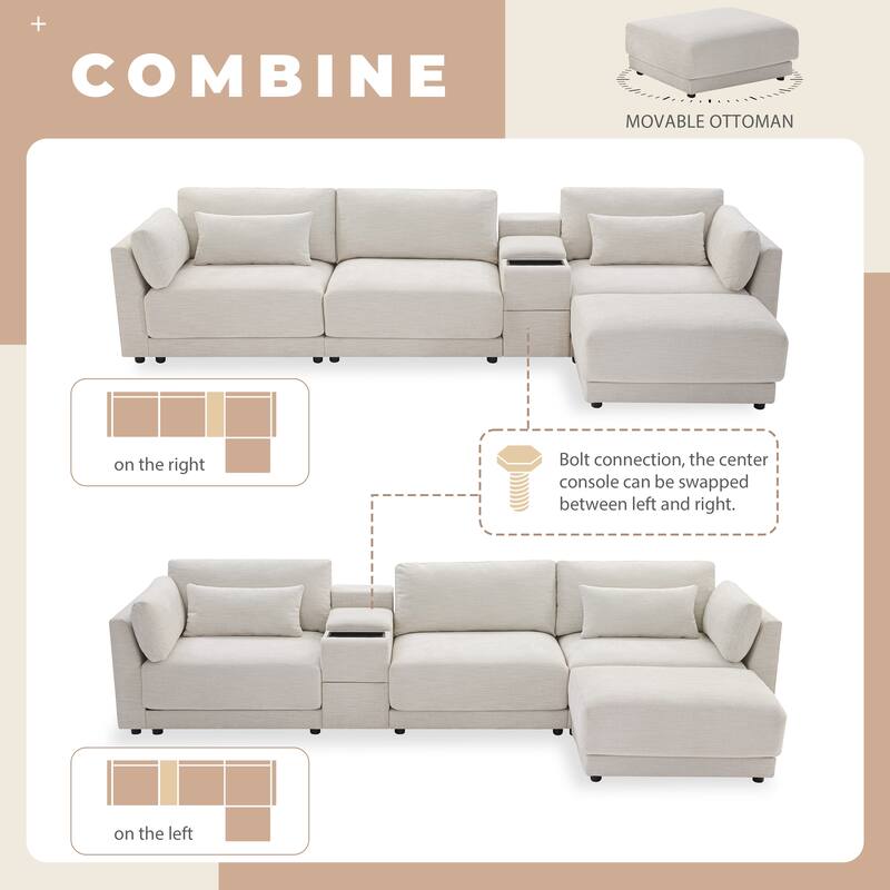 L Shaped Modular Sectional Sofa with Storage Console, Ottoman, USB