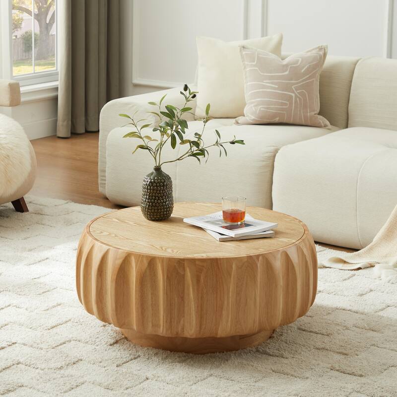 Round Coffee Table, Drum Coffee Table Contemporary Wood Round Coffee Table with Fluted Centry Table