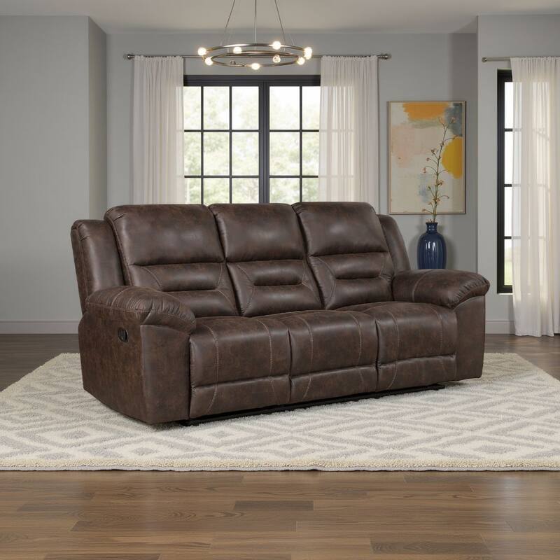 Henry Manual Double Reclining Sofa, Pillow Tuft Dark Brown Microfiber