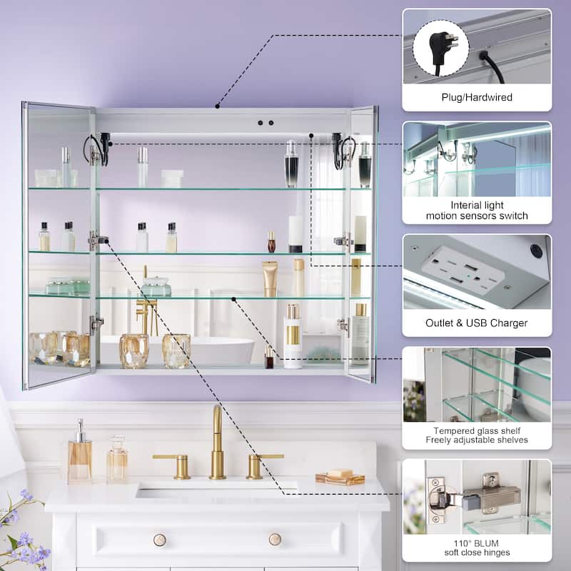 Recessed or Surface 30" H LED Mirror Cabinet with Adjustable Glass Shelves,Defogger, Dimmer And Outlets & USB Ports