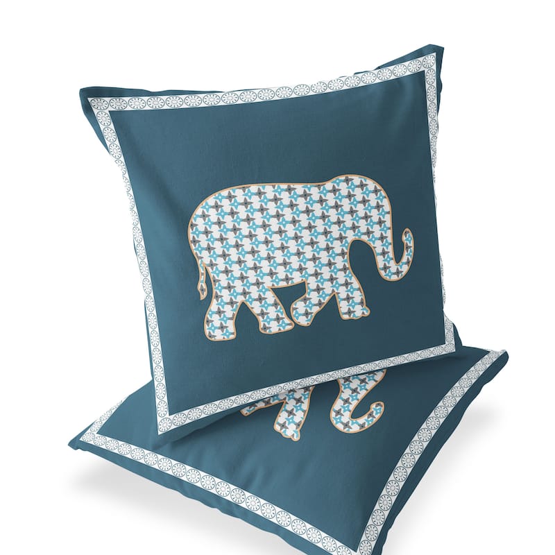 HomeRoots Set of Two 16" X 16" Blue and White Elephant Blown Seam Animal Print Indoor Outdoor Throw Pillow