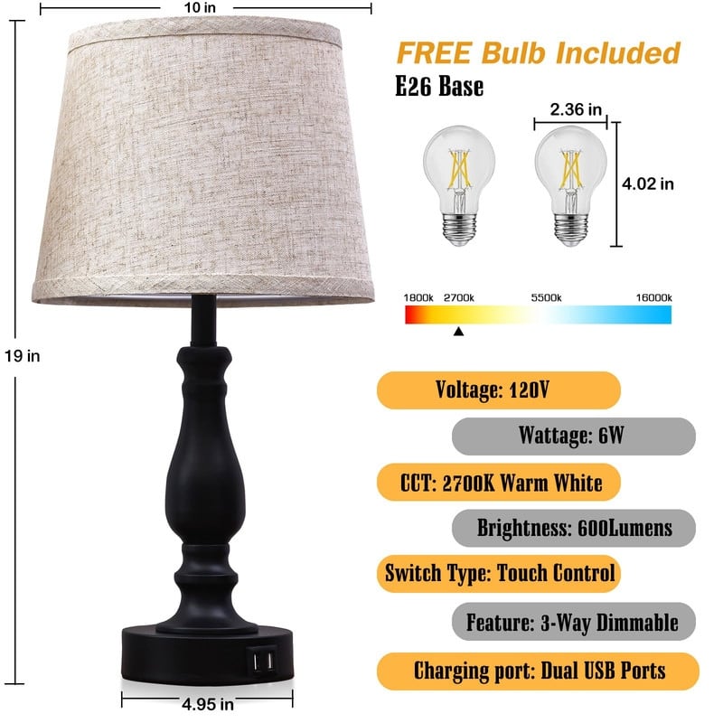 Lamps for Bedrooms Set of 2, Touch Bedside Table Lamp with USB Ports