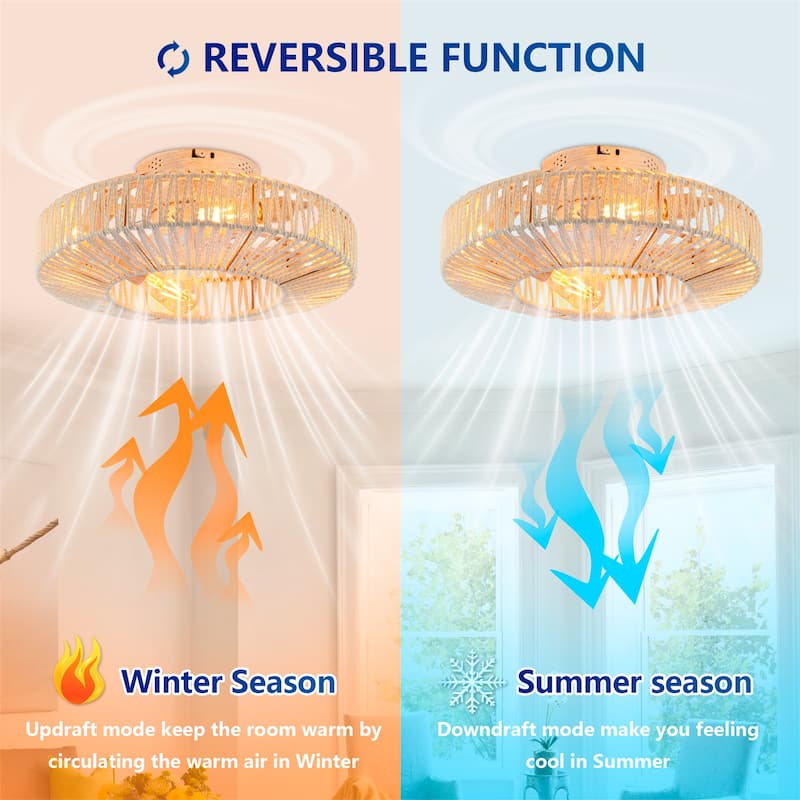 20" Rope Caged Ceiling Fans with Remote and Low Profile Chandelier 6 Speed, NOT Included Bulbs