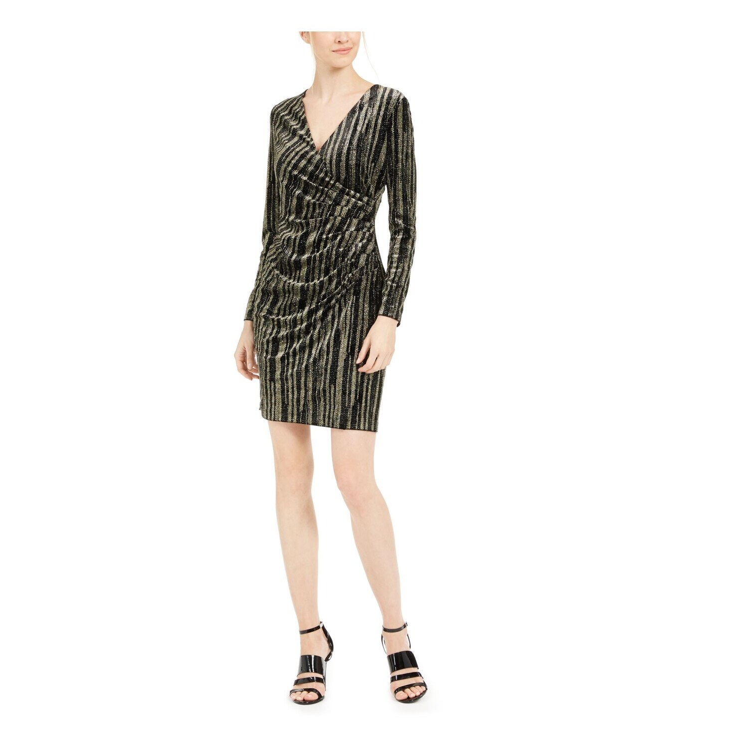 Calvin Klein Women's Glitter Faux Wrap Long Sleeve V Neck Short Sheath  Party Dress Gold-Black Size 0P - - Bed Bath & Beyond - 40560515