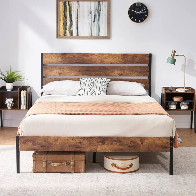 Twin Size Metal Platform Bed Frame with Headboard and and Footboard, No Box Spring Needed Sturdy Wooden Slats Support - Queen