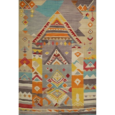 Hand Woven Oriental 100% Wool Carpet Southwestern Tribal Multi-Colored Kilim Area Rug - 9' 8'' X 8' 1''