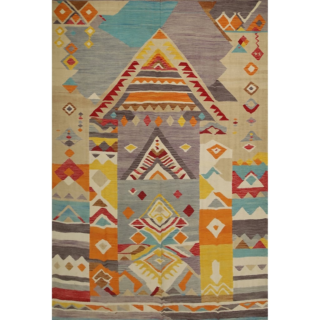 Hand Woven Oriental 100% Wool Carpet Southwestern Tribal Multi-Colored Kilim Area Rug - 9' 8'' X 8' 1''