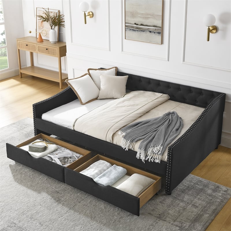 Full Size Upholstered Tufted Daybed with Drawers and Copper Nail