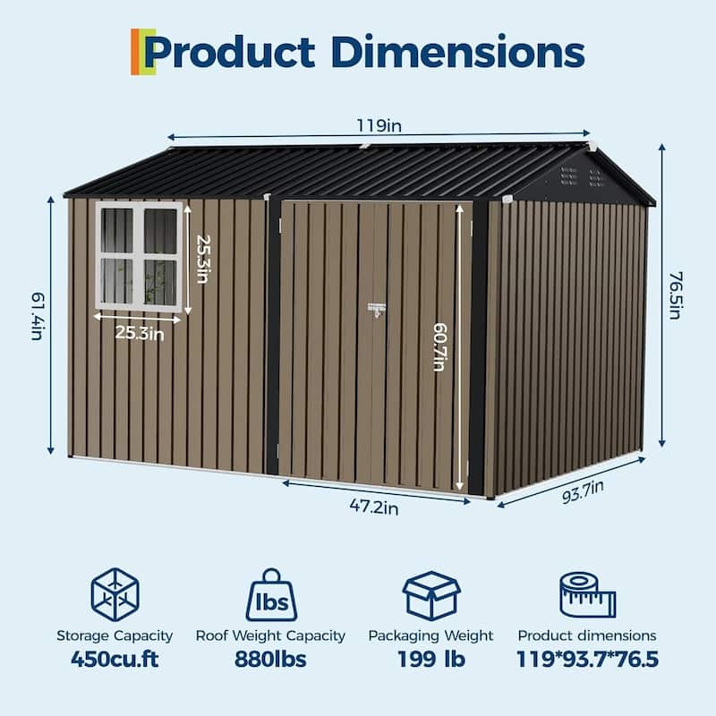 8×10FT Storage Shed Metal Tool Garden Shed for Garden, Backyard, Patio