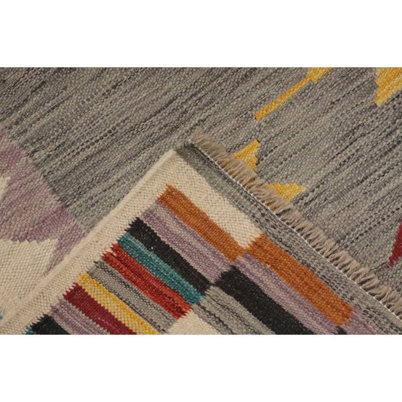 Hand Woven Oriental 100% Wool Carpet Southwestern Tribal Greys & Charcoal Kilim Area Rug - 7' 10'' X 4' 10''