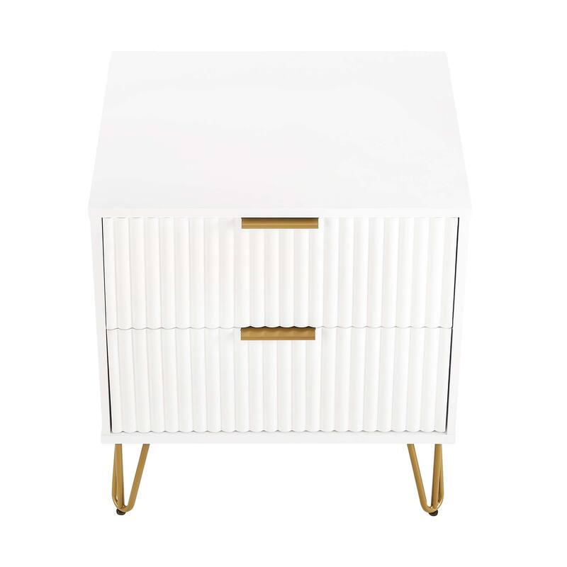 Fluted Nightstand with 2 Drawers Metal Legs Tool Free Assembly