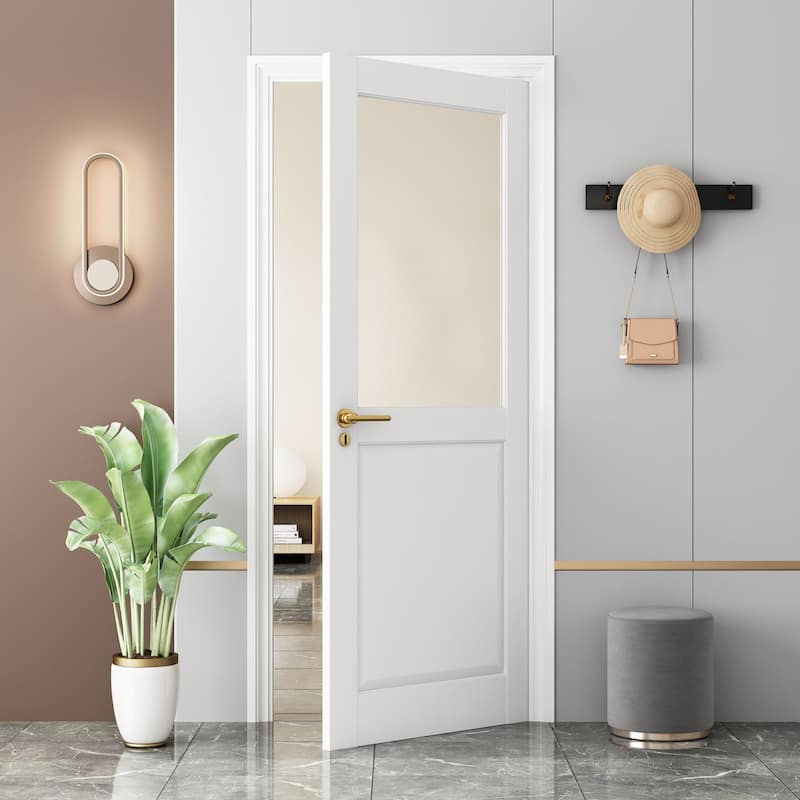 80"H Primed Finish Half Frosted Glass Half Panel French Door Interior Slab Door