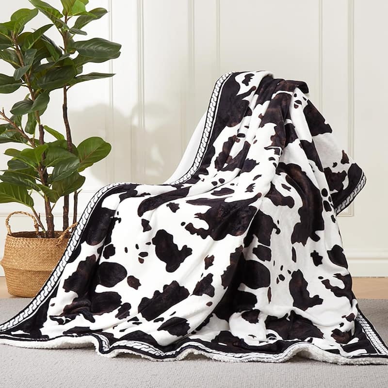 Heated Electric Blanket Throw Cow Print Black Brown - 90*100
