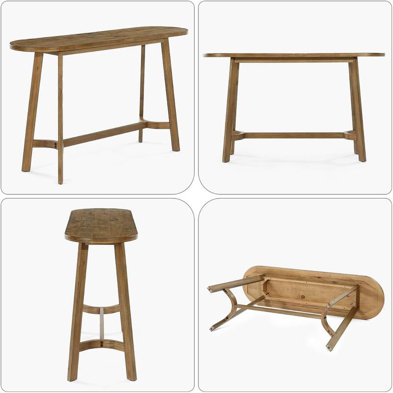 63" Solid Wood Bar Table, Oval Counter Height Table with Footrest for Kitchen - 17.72"D x 62.99"W x 37.4"H