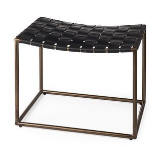 Clarissa Black Woven Genuine Leather Seat w/Gold Metal Frame Stool - 22.0L x 16.0W x 16.5H