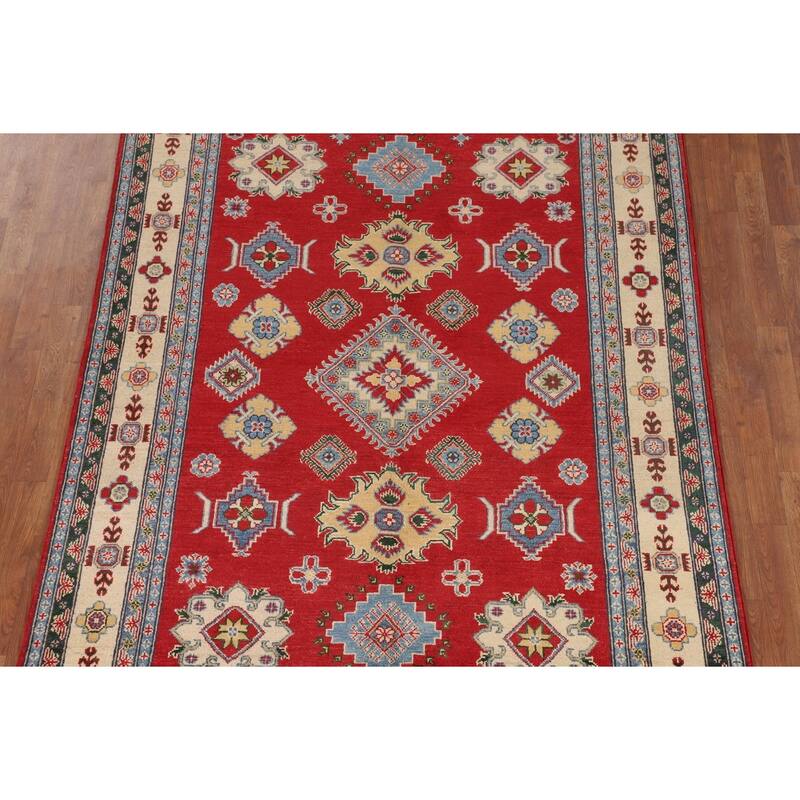 Red Geometric Kazak Oriental Area Rug Dining Room Handmade Wool Carpet - 5'6" x 7'10"
