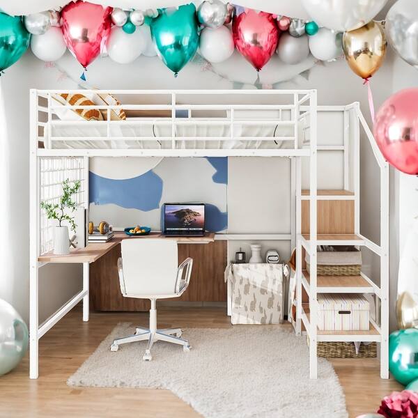 slide 2 of 9, Modern Full Size Loft Bed With Desk and Metal Grid,Lateral Storage Ladder and Wardrobe for Bedroom White