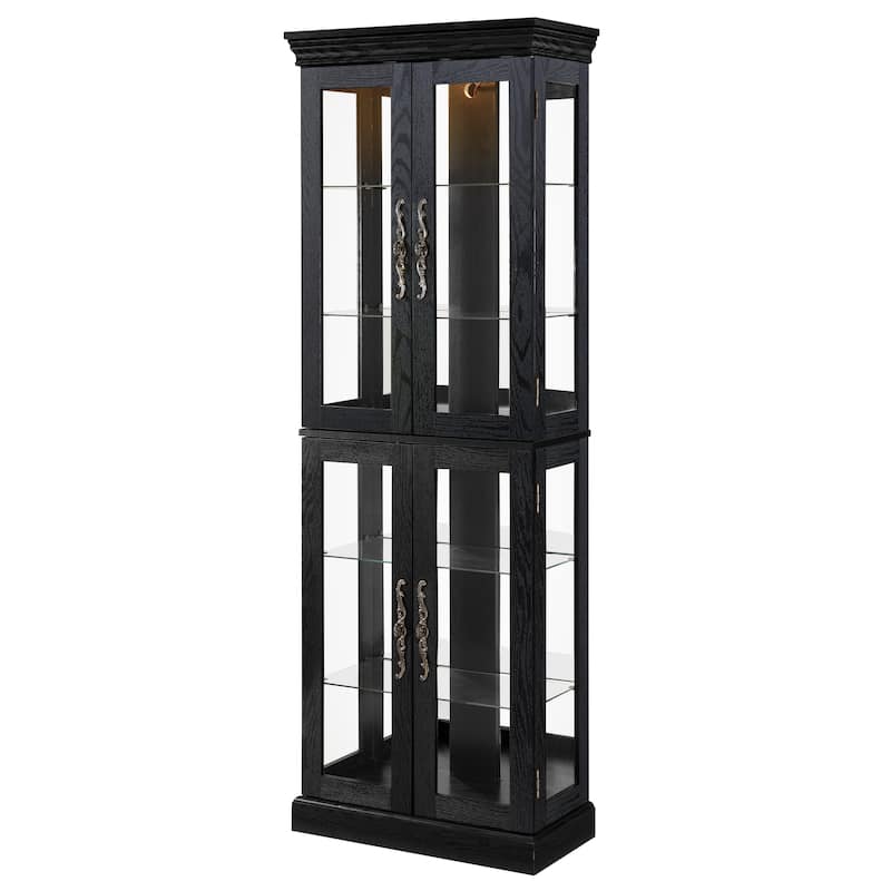 Lighted Glass Curio Display Cabinet Wood Frame Storage Wine Toys Black Living Room Bulb Included