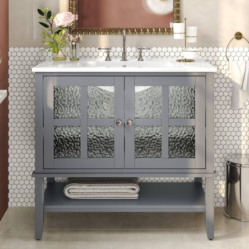 36" Bathroom Vanity with Ceramic Sink, Bathroom Vanity with Adjustable Shelf and Open Shelf, with Solid Wood Legs