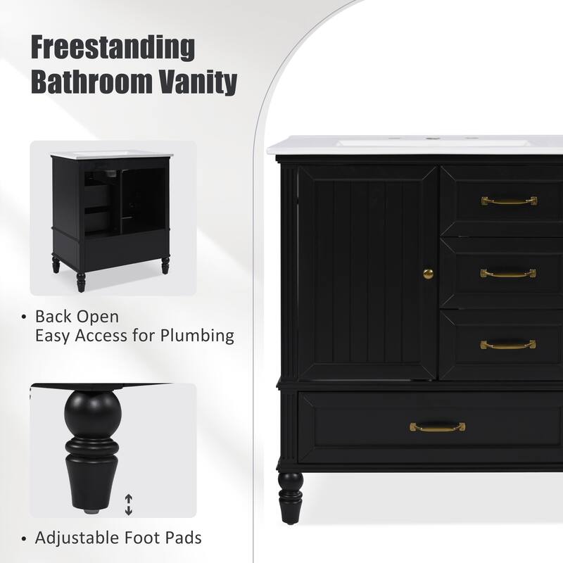 30" Bathroom Vanity with Sink, Bathroom Cabinet with A Door, Three Drawers, Solid Wood Legs & MDF Board, Adiustable Foot Pads
