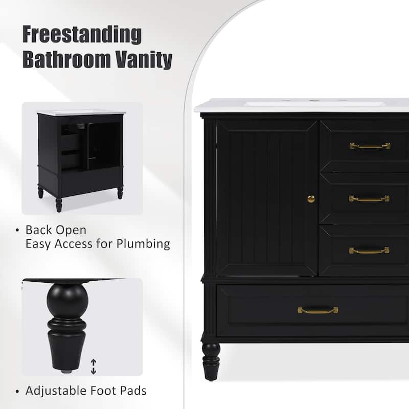Roomfitters Bathroom Vanity with Sink, Single Door Cabinet and Three Drawers, Solid Wood Legs