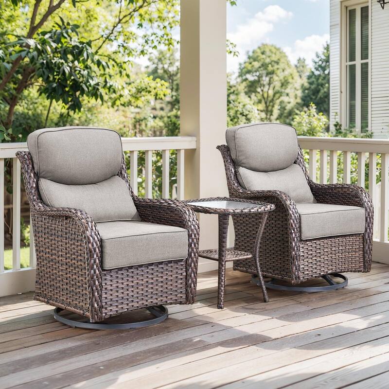 Outdoor Swivel Glider Rattan Chair Set - 3PCS Swivel Chair with Side Table - Brown Rattan - Grey Cushion