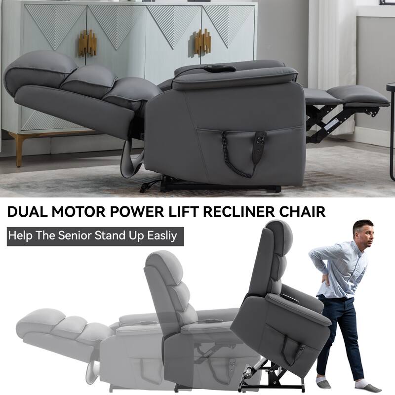Dual Motor Power Lift Recliner Chair for Elderly, Leatheraire Lay Flat Lift Recliner Chair with Power-Remote, Heat and Massage