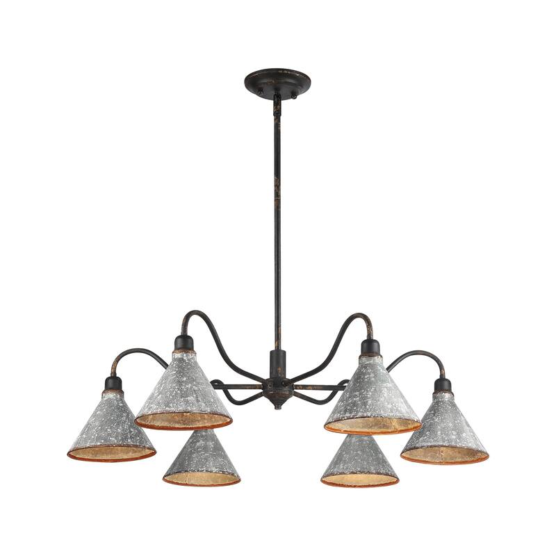 Jasper Chandelier in Antique Black Iron with Galvanized Steel - 6 Light Chandelier