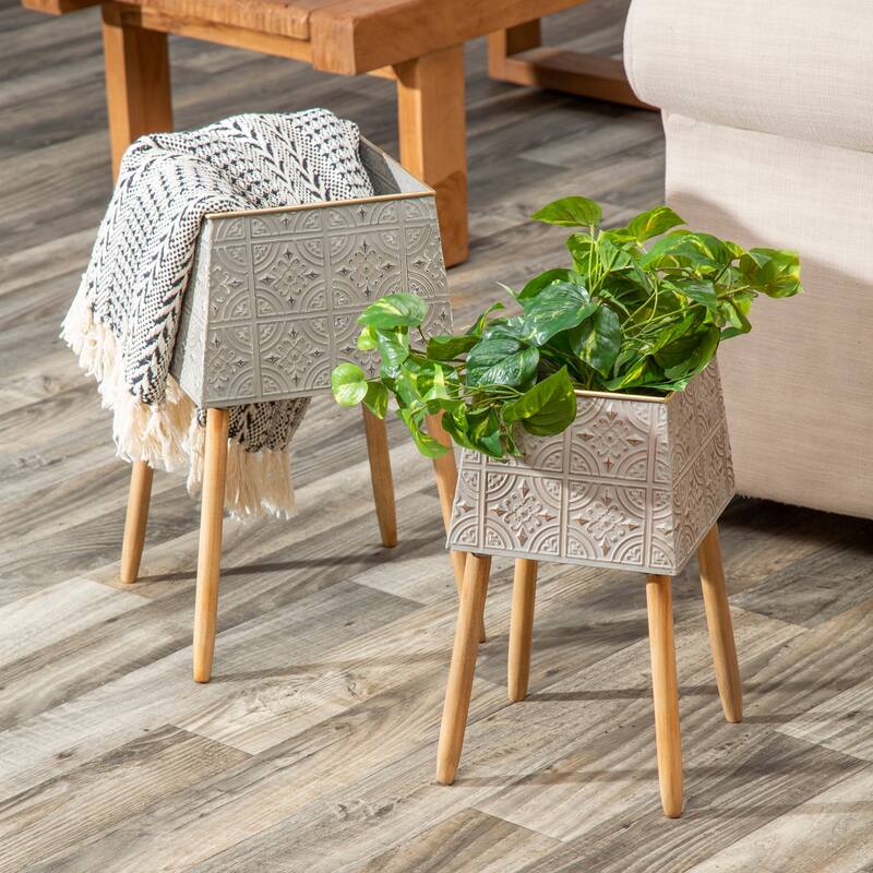 Stamped Metal Geometric Planter with Wooden Legs (Set of 2)