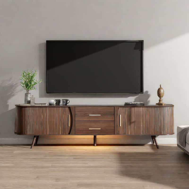 70.8" Woodgrain TV Stand with Sliding Doors and 2 Drawers - Waterproof Surface, Solid Wood Legs for 75" TVs - Dark Brown