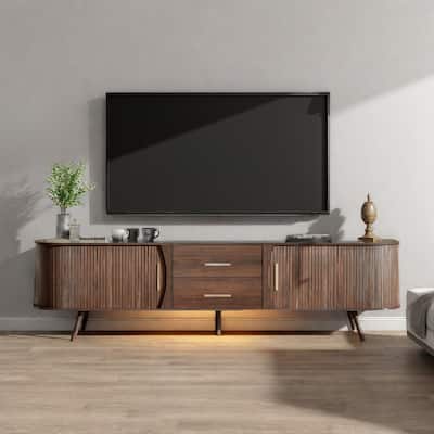 70.8" Woodgrain TV Stand with Sliding Doors and 2 Drawers - Waterproof Surface, Solid Wood Legs for 75" TVs