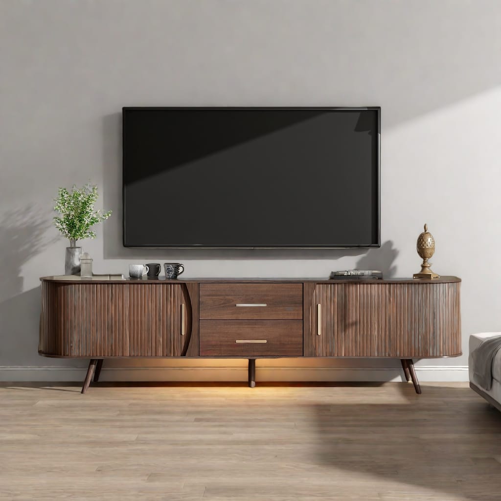 70.8" Woodgrain TV Stand with Sliding Doors and 2 Drawers - Waterproof Surface, Solid Wood Legs for 75" TVs