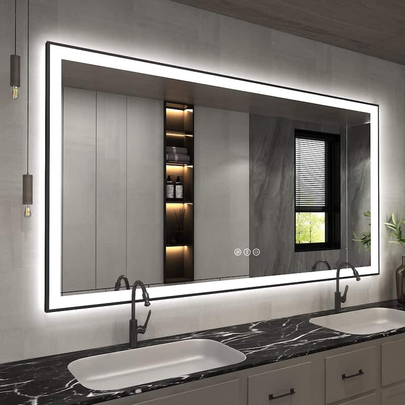 Full Size Back & Front LED Lighted Anti-Fog Tempered Glass Framed Wall Bathroom Vanity Mirror - 60" x 36"