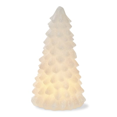 Large Snowy Pine Tree LED Flameless Candle - Sculpted Christmas Decor, White Paraffin Wax, 8" H x 4.5" W