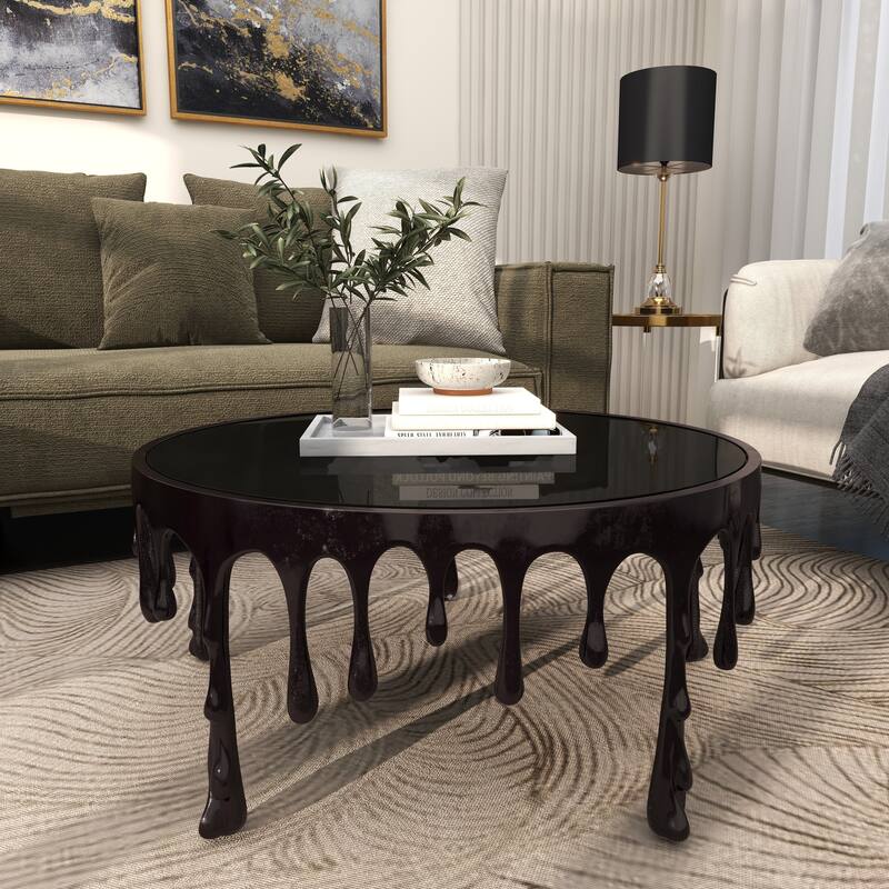 Aluminum Metal Accent, Console, and Coffee Table Collection with Drip Melting Design and Smoke Shaded Glass Top Multiple Colors