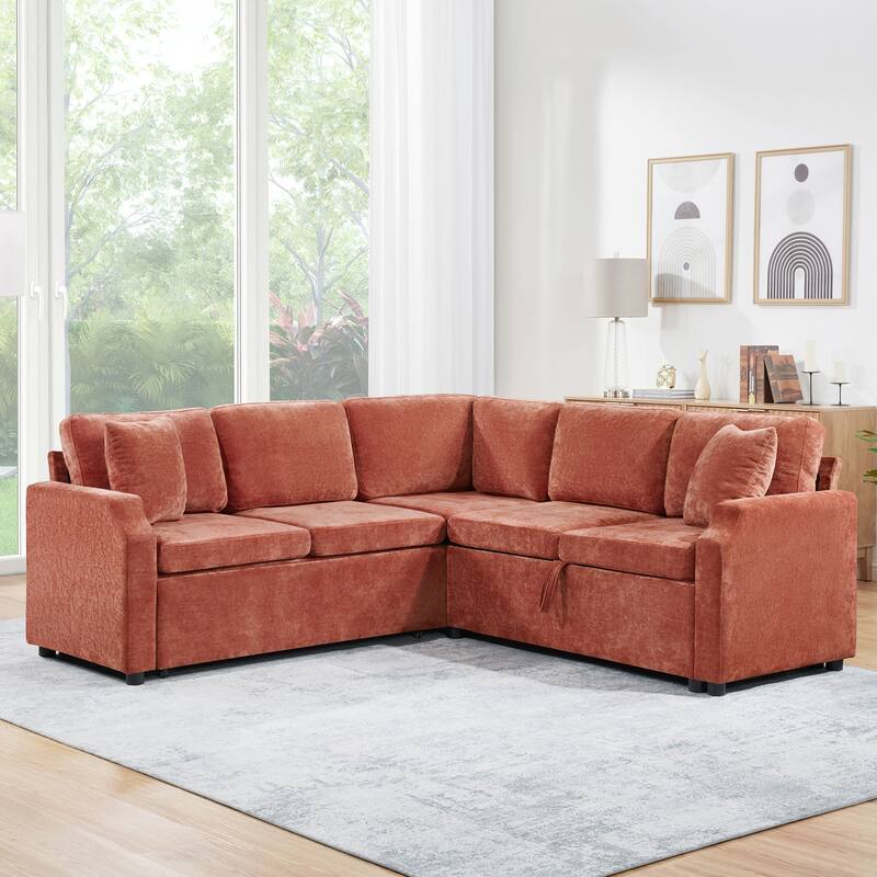 L-Shaped Sectional Sofa Bed, Chenille Upholstered Sleeper Sofa with Hidden Storage Compartment, 4 Seater Corner Sectional Sofa