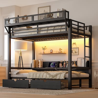 Twin XL over Twin XL Bunk Bed with Storage & Drawers, USB Ports & LED Lights, Convertible Sofa Lower Bed