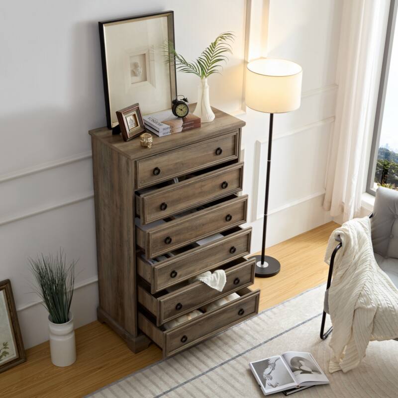 Modern 6 Drawer Dresser, Dressers for Bedroom, Tall Chest of Drawers Closet Organizers & Storage Clothes - Grey Wash