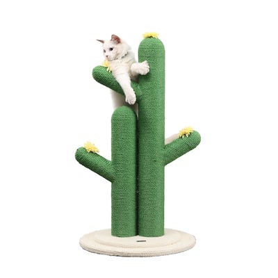 Socorro 34.25" Modern Jute Double-Cactus Cat Scratching Post with Flower Toys, Green/White