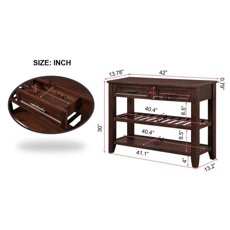 3-Tier Hallway Entryway Table Sofa Table, 42'' Solid Wood Console Tables with 2 Drawers and 2 Tiers Open Storage Shelf