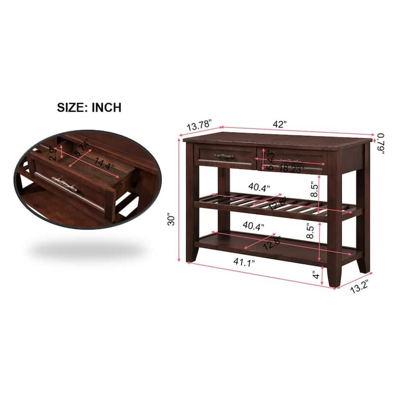 Mid-Century Modern Style Console Sofa Table with 2 Storage Drawers and 2 Tiers Shelves, 42''L Wood Sideboard
