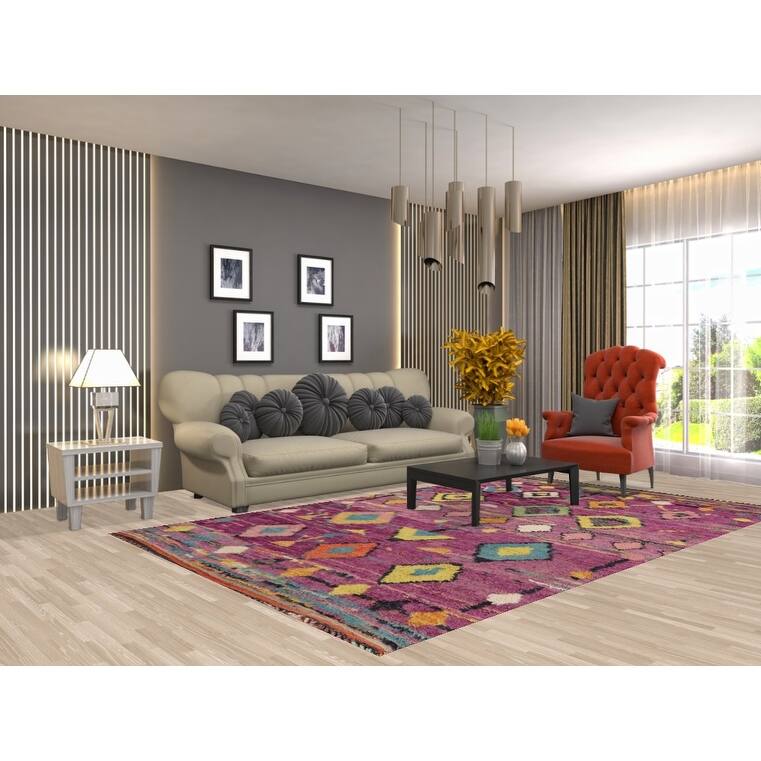 Purple Geometric Plush Moroccan Area Rug Handmade Wool Carpet - 6'1" x 9'9"