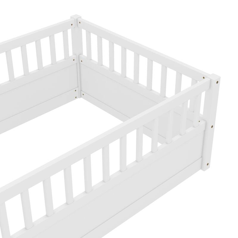 Solid Wood Floor Bed Frame without Slats, Montessori Kids Floor Beds with Full Length Fence, No Box Spring Needed