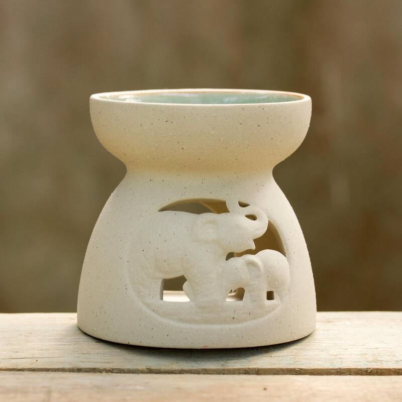 NOVICA Handmade Mother And Child Elephant Ceramic Oil Warmer