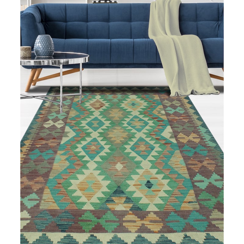 Hand-Woven Sun Faded Kilim Aidana Blue/Green Rug - 3'11" x 5'8"