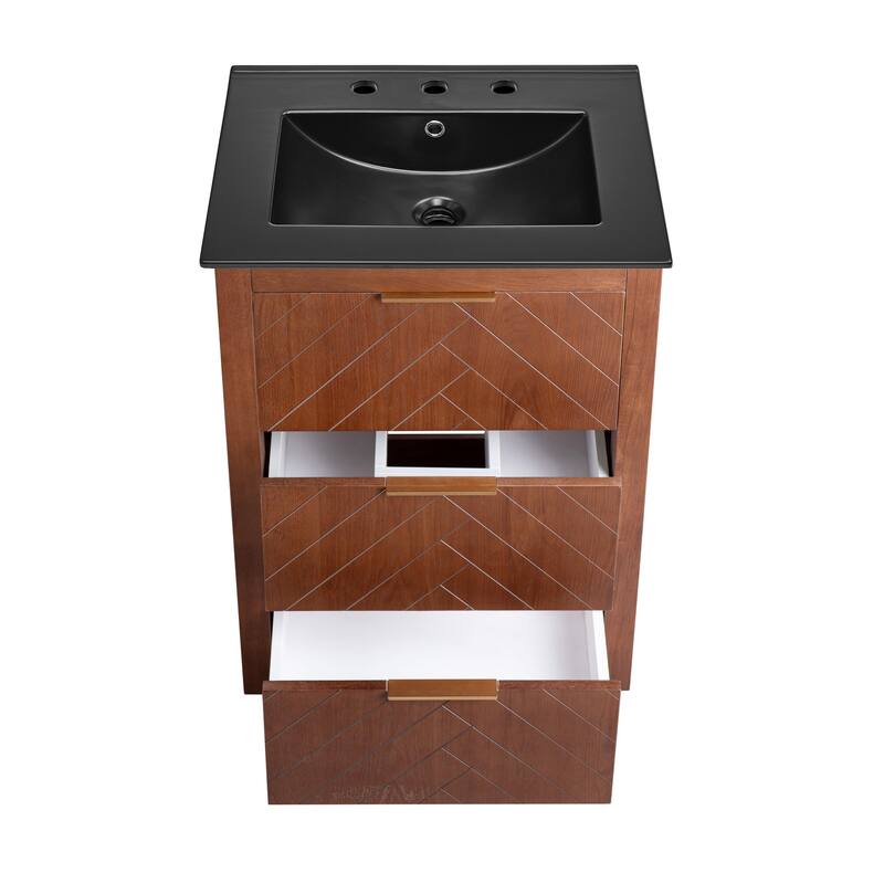 Daxton 24 In. Brown Walnut Bathroom Vanity With Black, 3-Hole Ceramic Sink Top