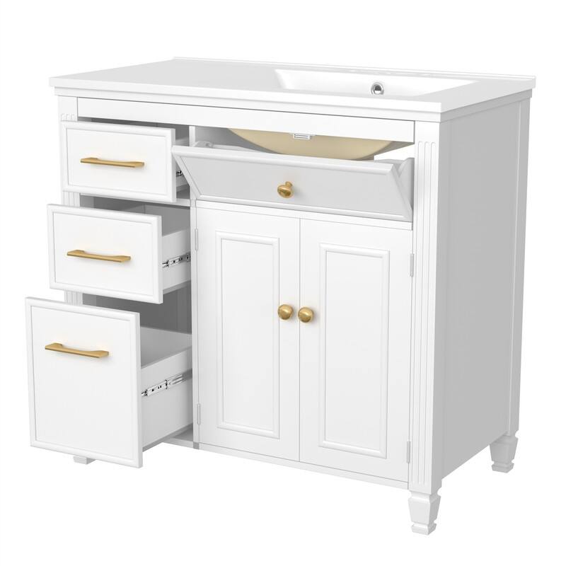 36" Bathroom Vanity w/ Ceramic Sink, Freestanding Bathroom Vanity Cabinet w/ 3 Side Drawers, 1 Tip-out Drawer & Adjustable Shelf