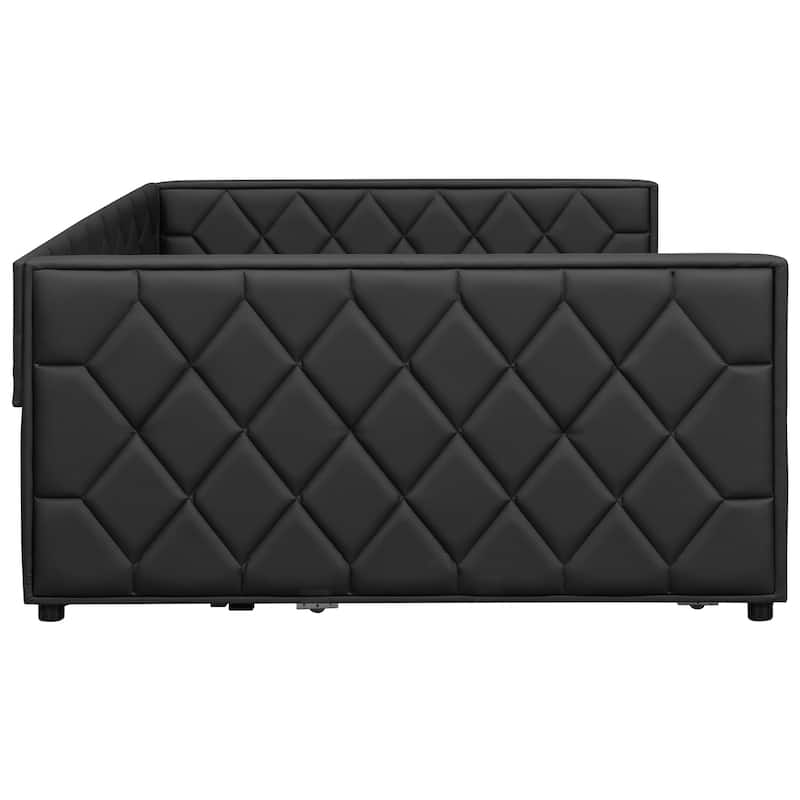 Full XL Size PU Leather Tufted Daybed with Trundle, LED Platform Sofa Bed Frame with Slat Support