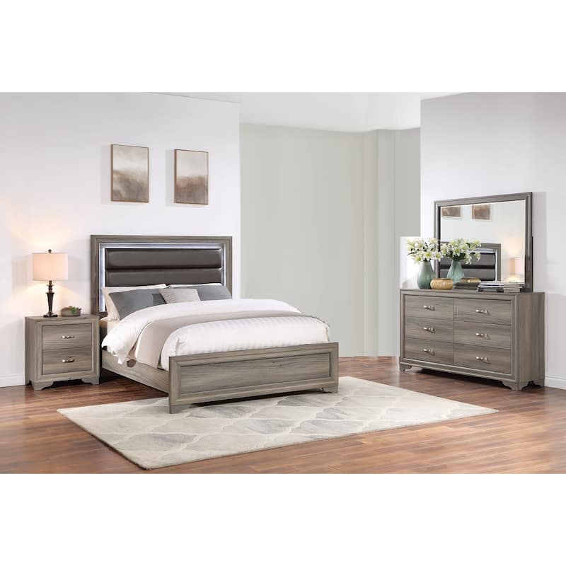 Contemporary Style Bed Dresser Mirror And Nightstand Set Bracket Legs Metal Handles Espresso Finish Bedroom Furniture